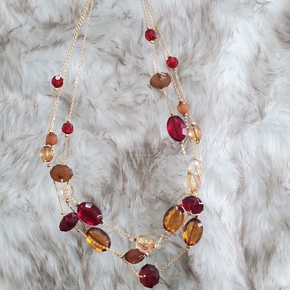 AVON Filigree Chain Segments in Gold Tone & Brown Glass Beads Necklace, Signed🌴